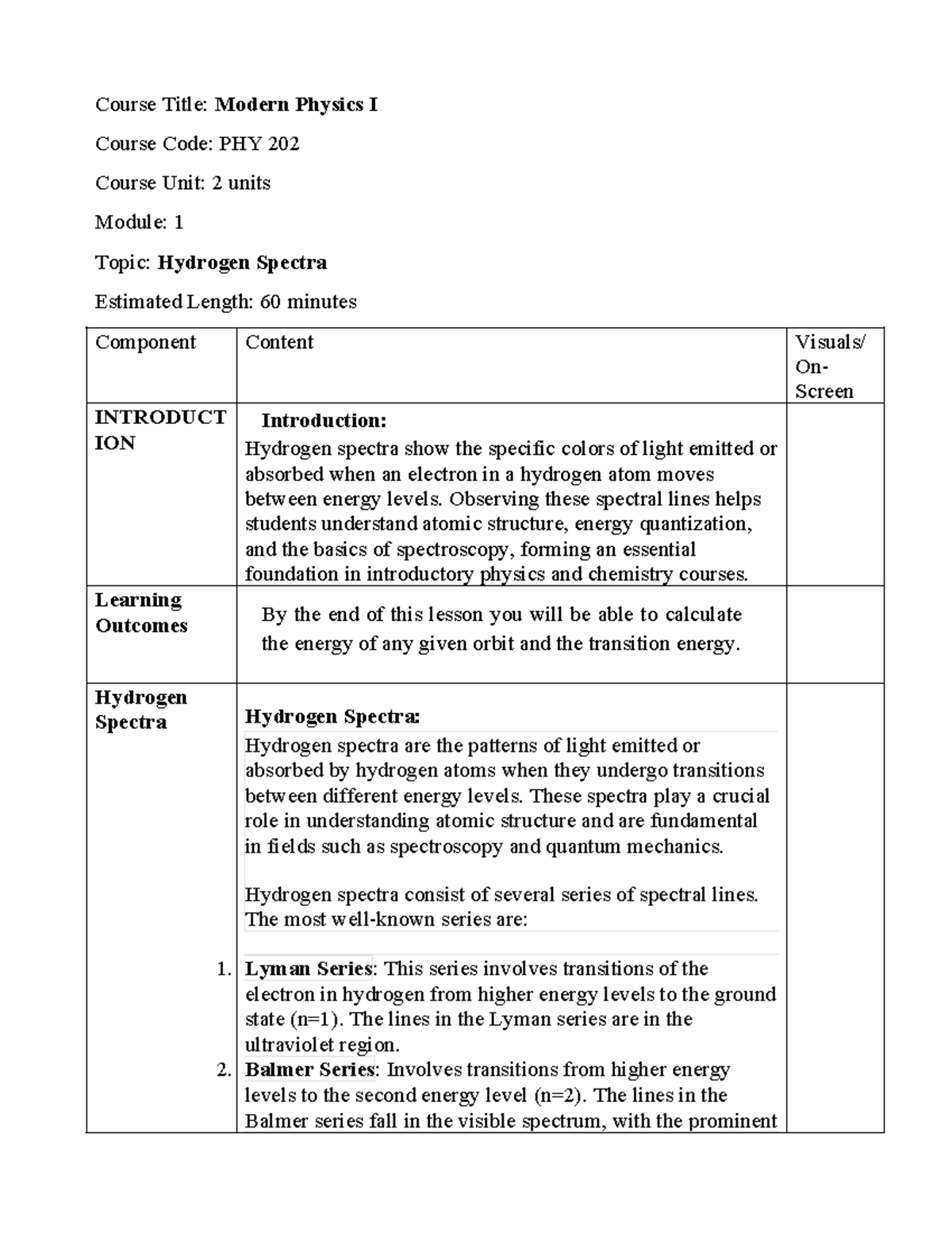 PHY 202 Lecture Notes: Understanding Hydrogen Spectra - Studocu