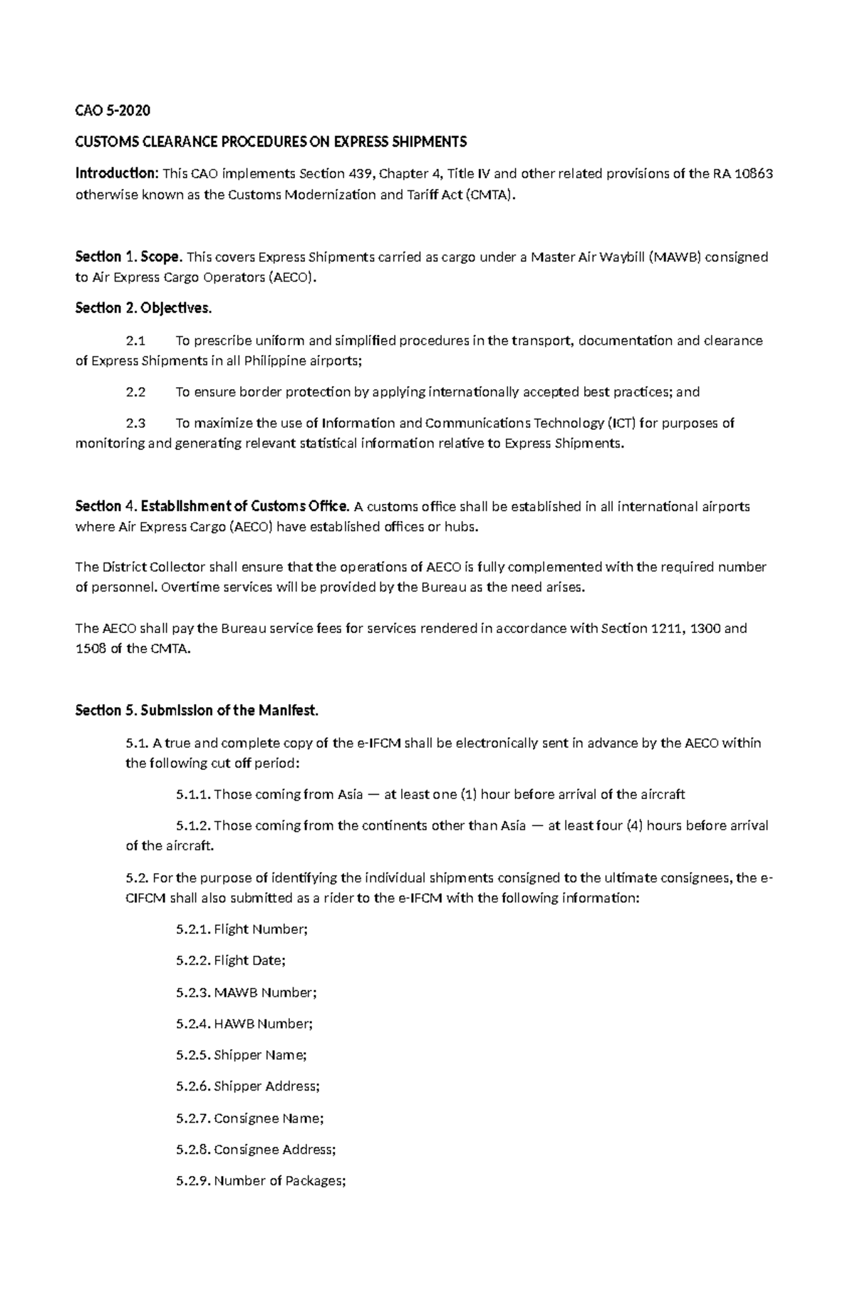 CAO 5-2020: Customs Clearance Procedures for Express Shipments - Studocu