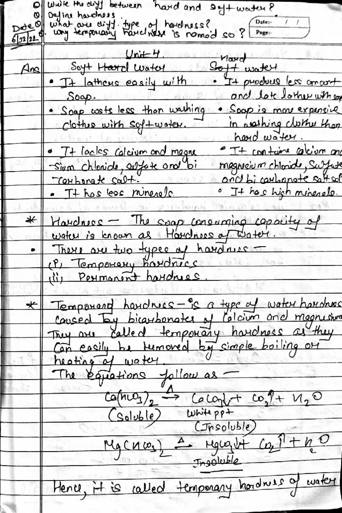 Engineering Chemistry Unit 4: Hard and Soft Water Comparison Notes ...