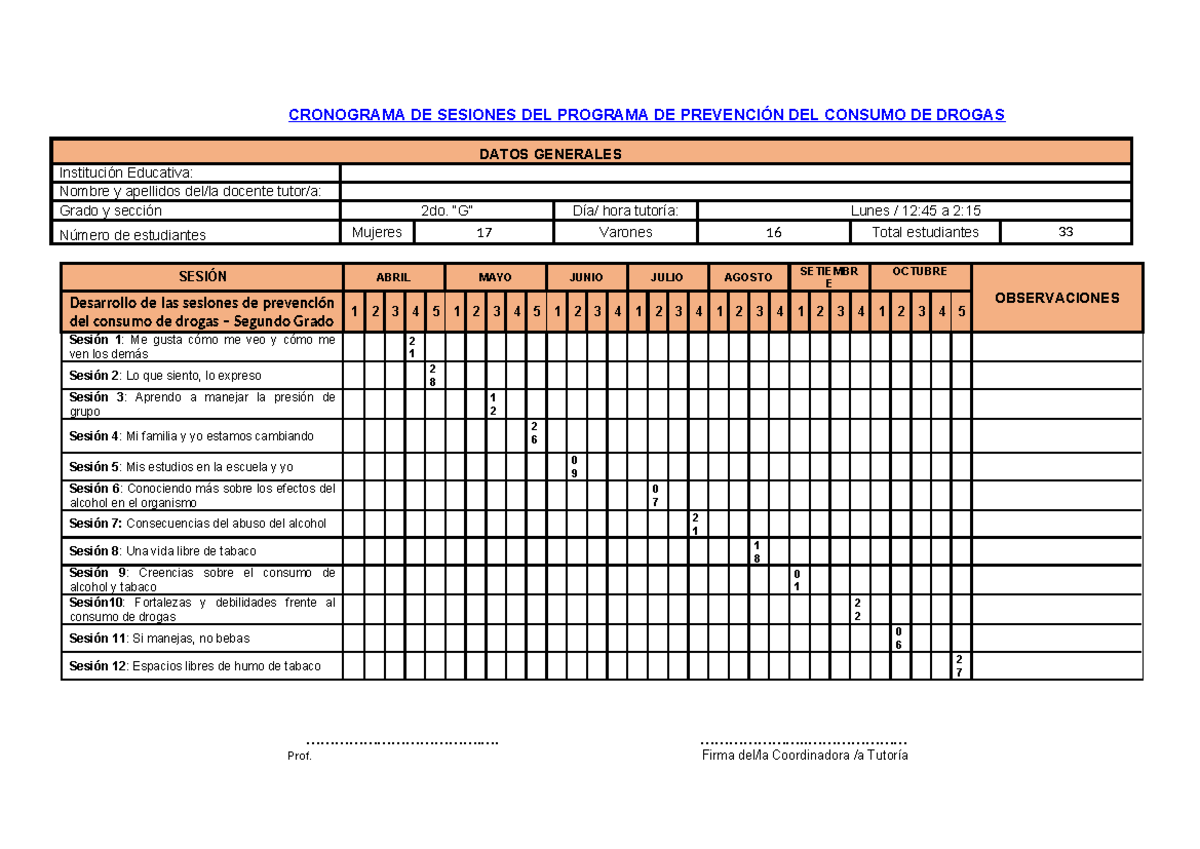 Cronograma DE Sesiones Docente DEL PPCD- Tutoría Segundo Grado G a ...