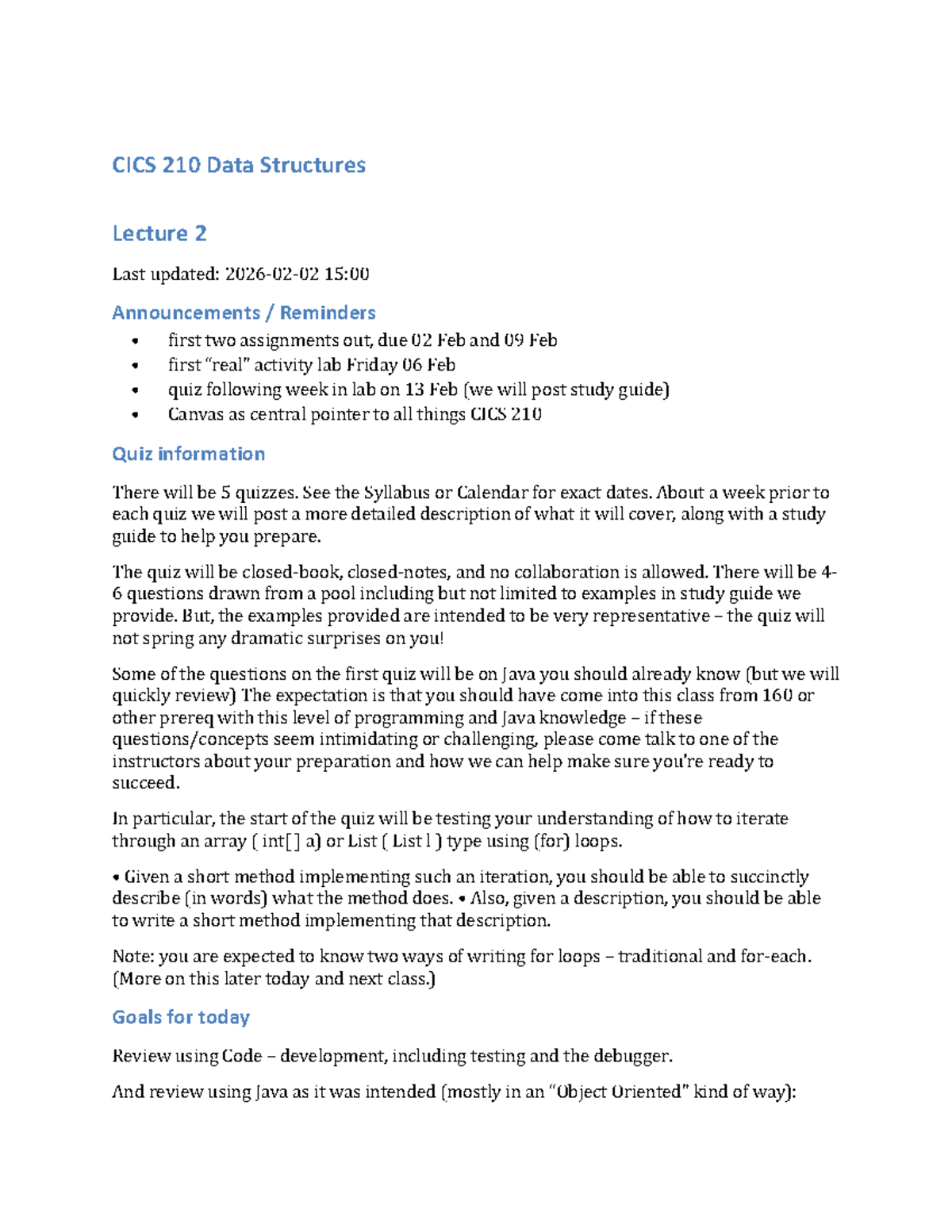 CICS 210 Data Structures Lecture 2: Java Loops & Classes Review - Studocu