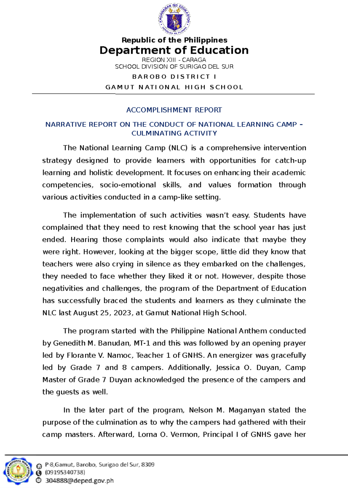 Narrative Report ON NLC Culminating Activity - Department of Education ...