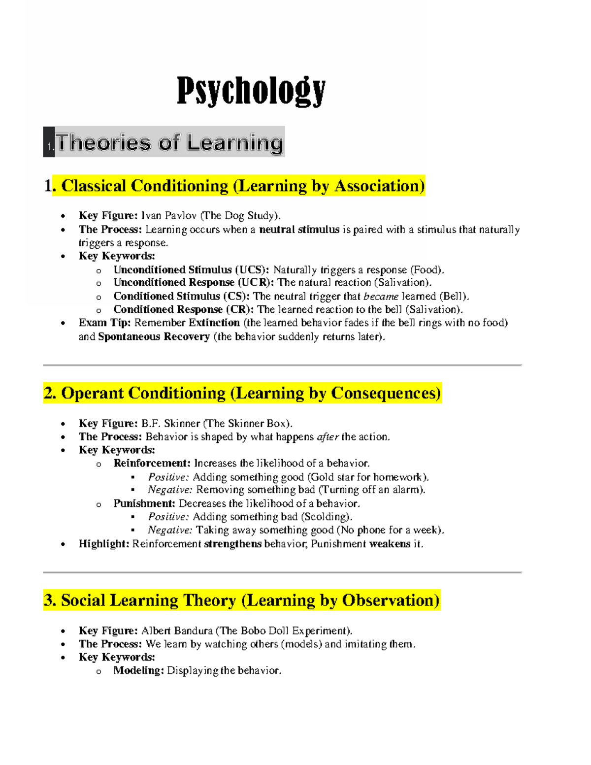 Psychology 1 - Theories of Learning and Memory Revision Notes - Studocu
