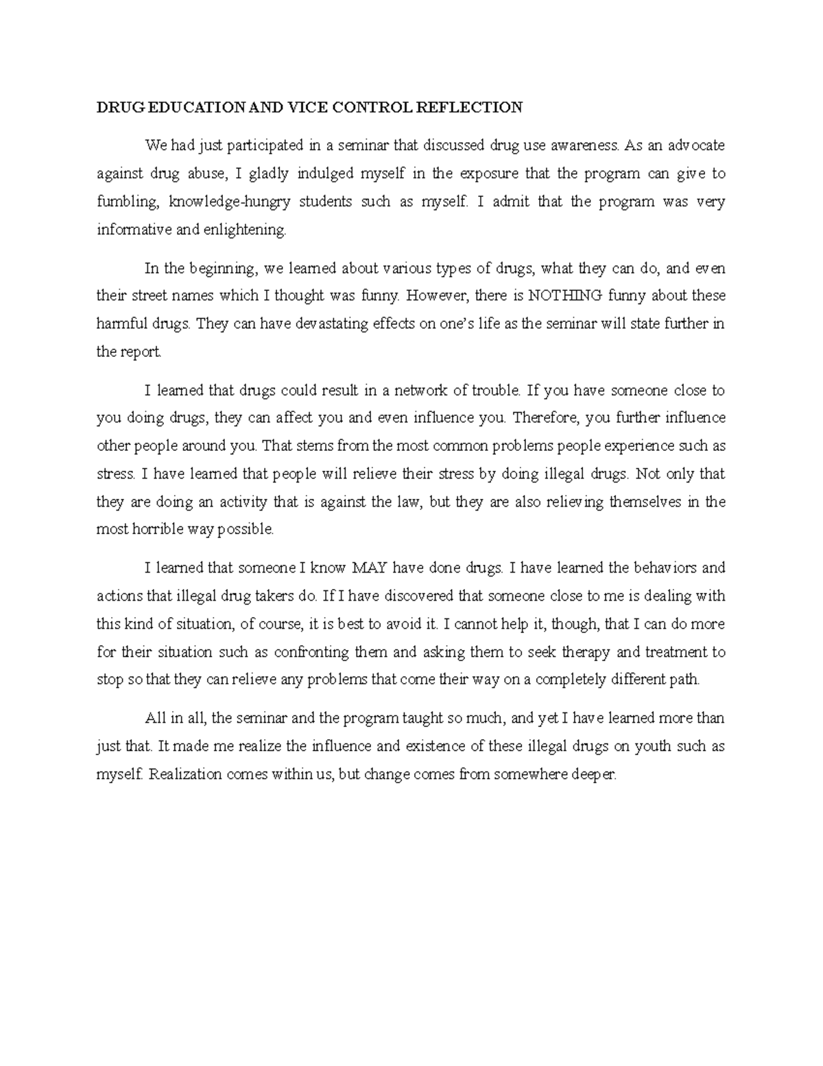 NSTP1 Drug Education & Vice Control Reflection Report - Studocu