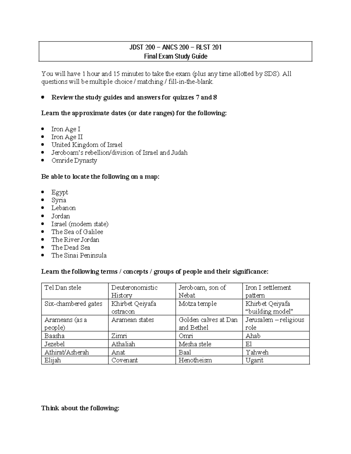 Final Exam Study Guide - JDST 200 – ANCS 200 – RLST 201 Final Exam ...