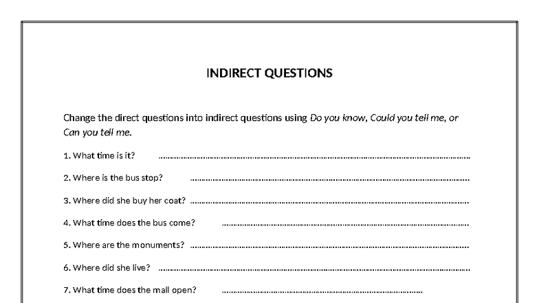 Indirect Questions Practice - Indirect-questions Review - Studocu