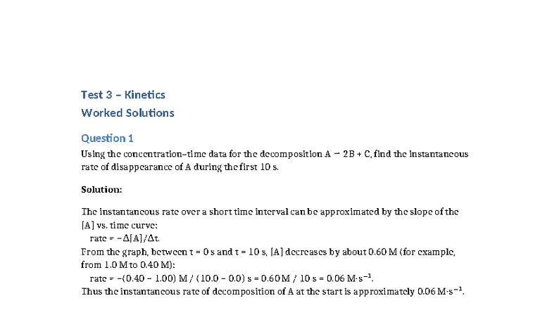 Test 3 Kinetics Solutions: Instantaneous Rates & Reaction Orders - Studocu