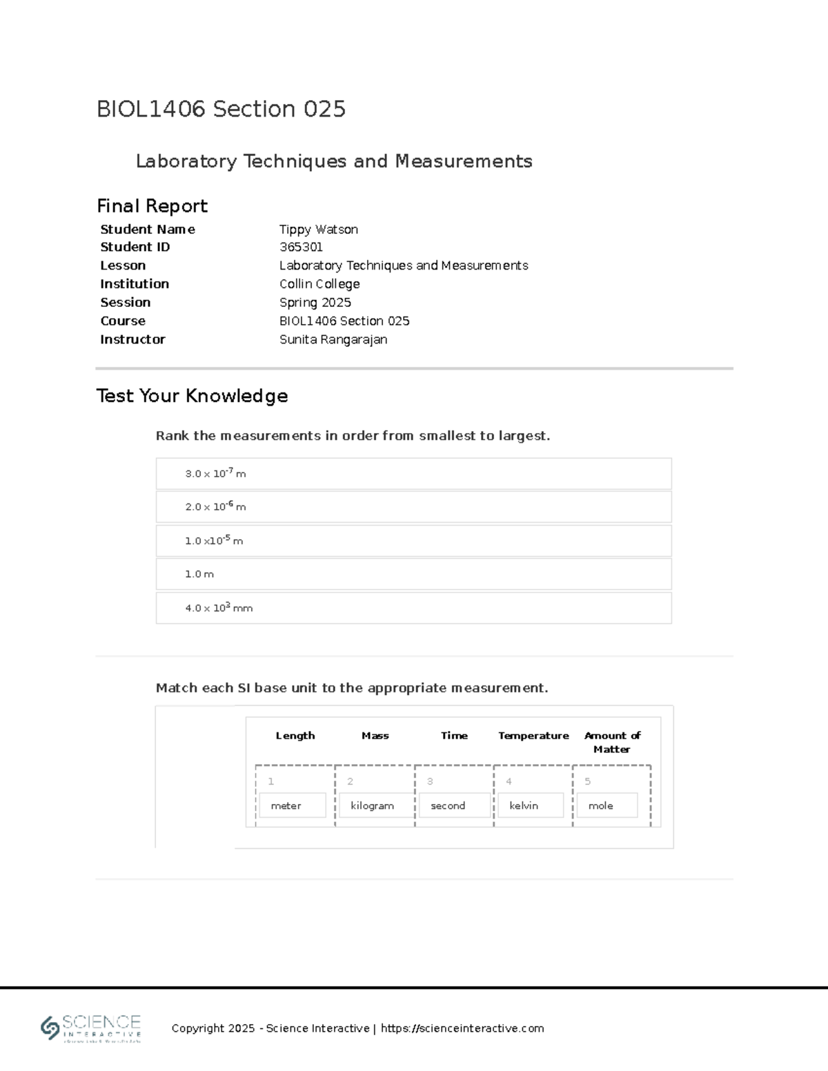 BIOL1406 Sec 025 Final Report on Laboratory Techniques & Measurements ...