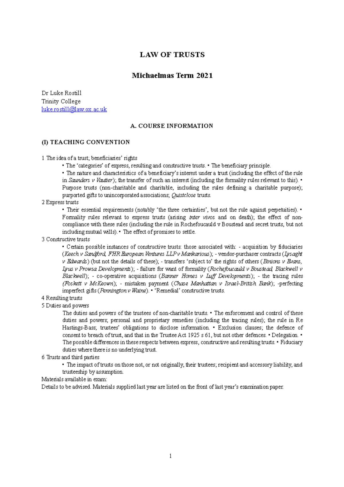 LAW OF TRUSTS Course Info & Reading List (LR MT21) - Studocu