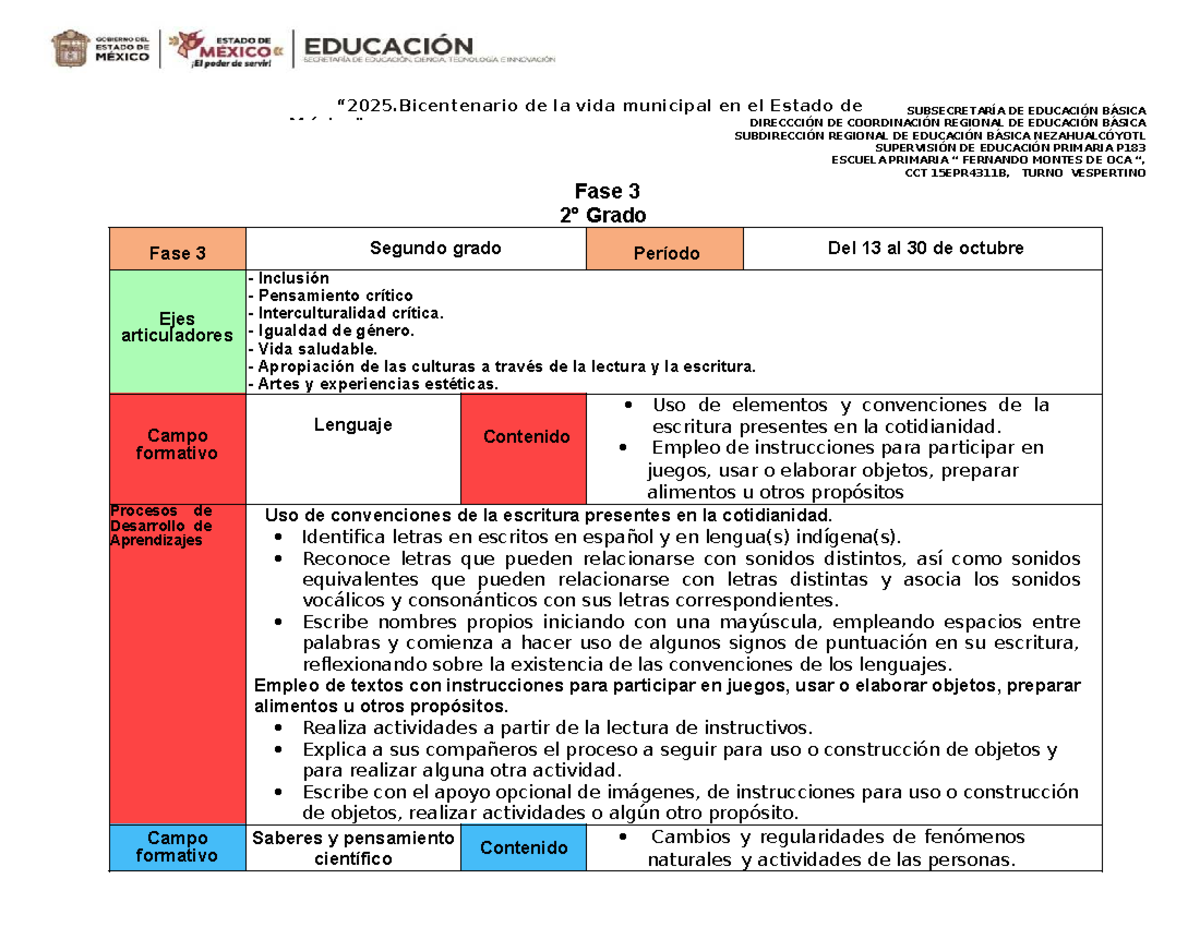A062F3. Proyectos de Aprendizaje para 2° Grado - Octubre - Studocu