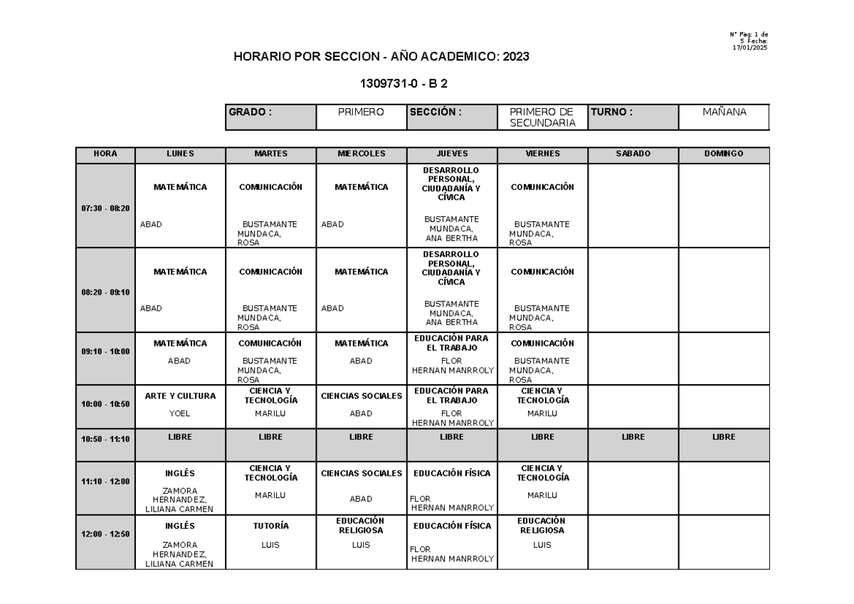 Horarios 2023 - ASFAS ASF AS - 5 Fecha: 17/01/ HORARIO POR SECCION ...