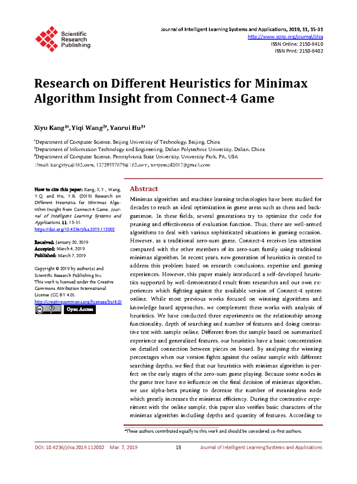 Research on Heuristics for Minimax Algorithm in Game AI (CS 101) - Studocu