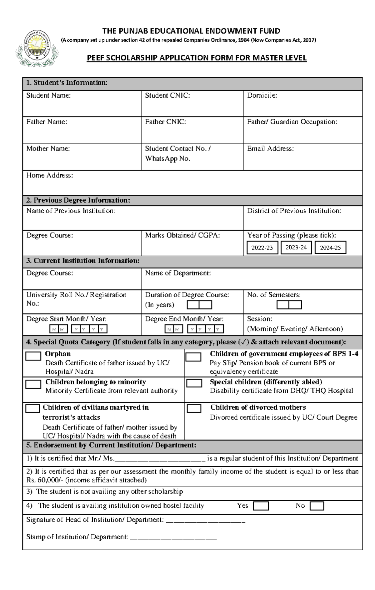 Master Level Form 2024 - THE PUNJAB EDUCATIONAL ENDOWMENT FUND (A ...