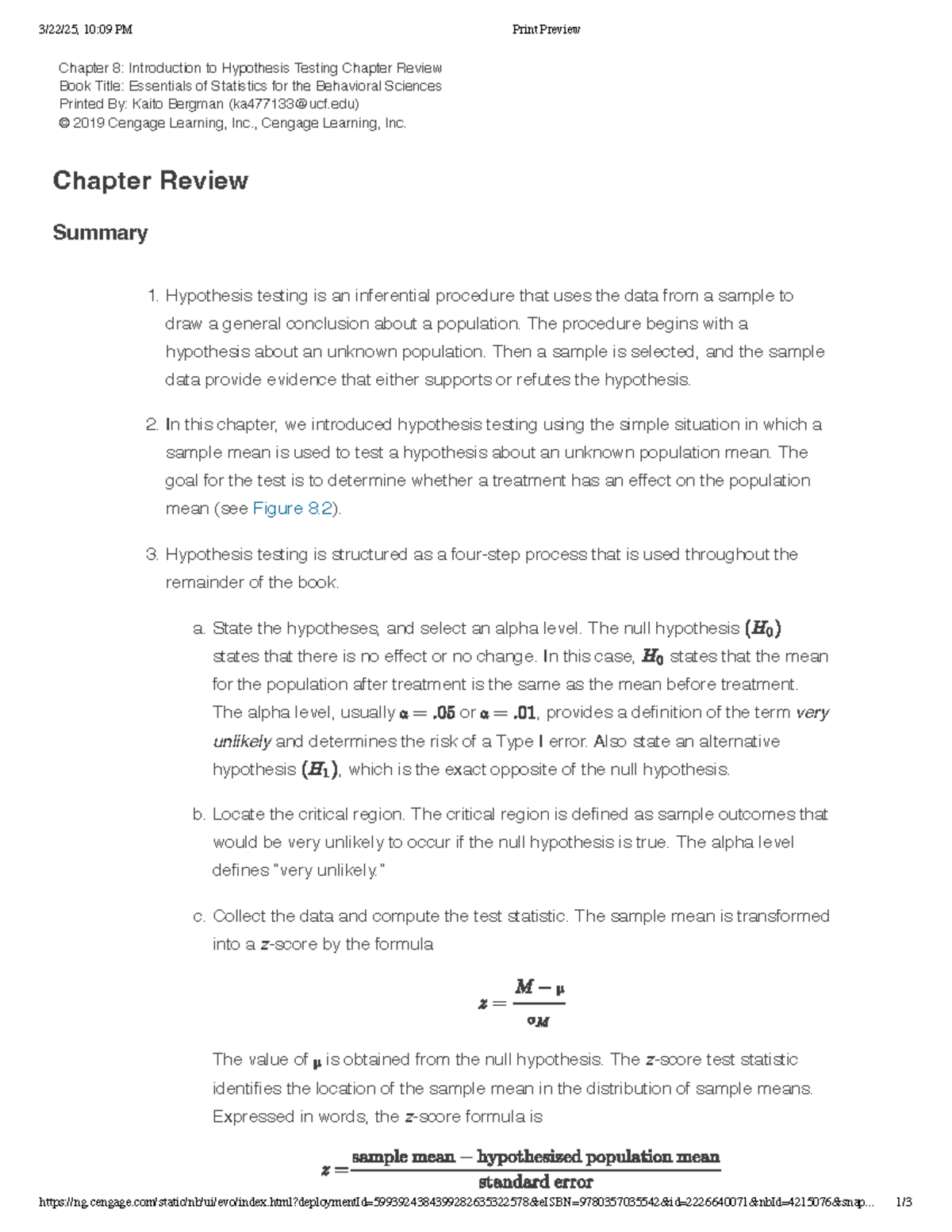Chapter 8 Review: Introduction to Hypothesis Testing - Essentials of ...
