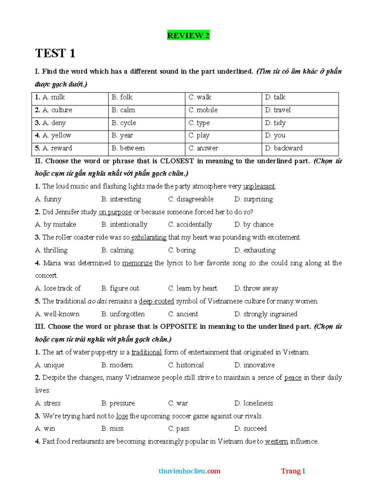 REVIEW 2 TEST 1 - English Practice - Studocu