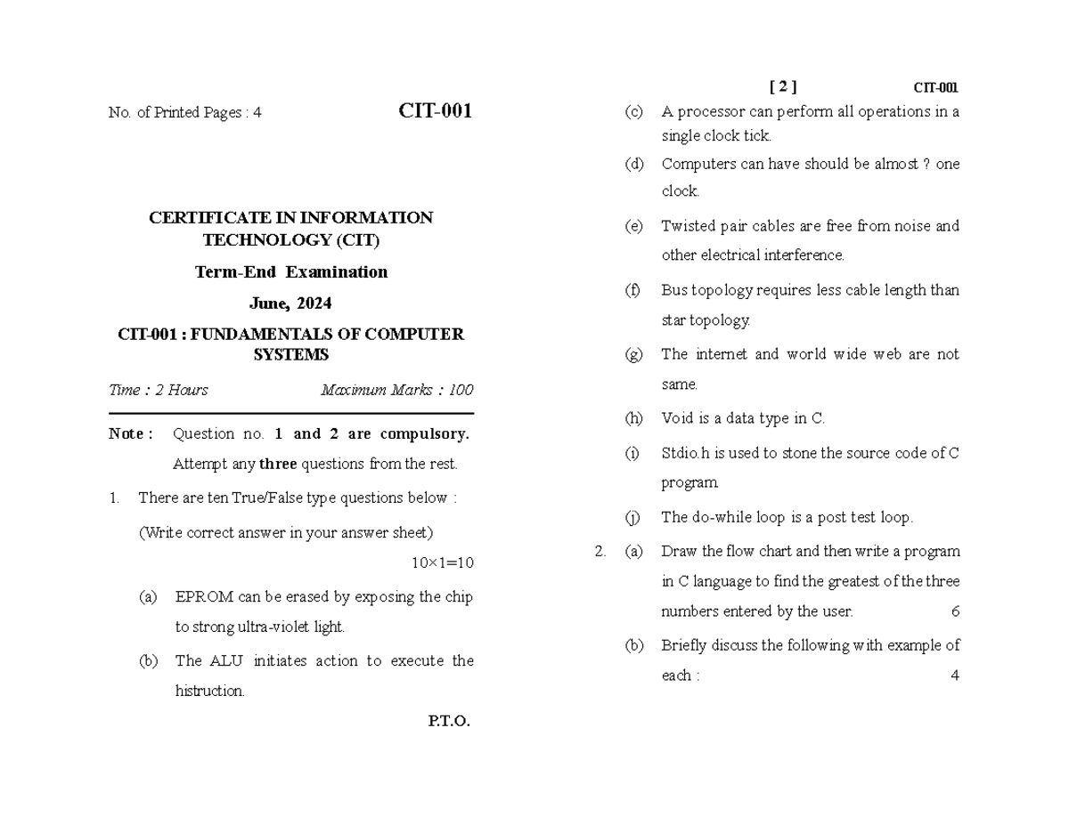 Chennaiinstitute - PYQ 2 - P.T. CIT-001 CIT- No. of Printed Pages : 4 ...