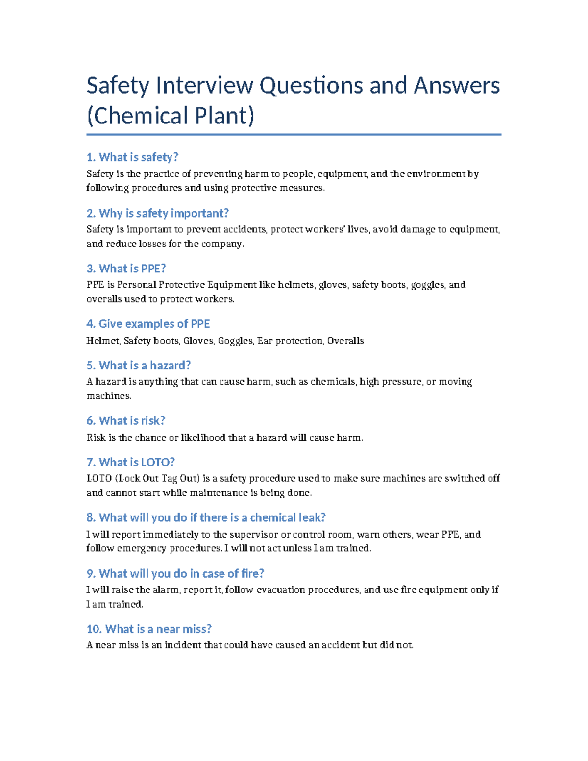 Safety Interview Questions & Answers (Chemical Plant) - Studocu