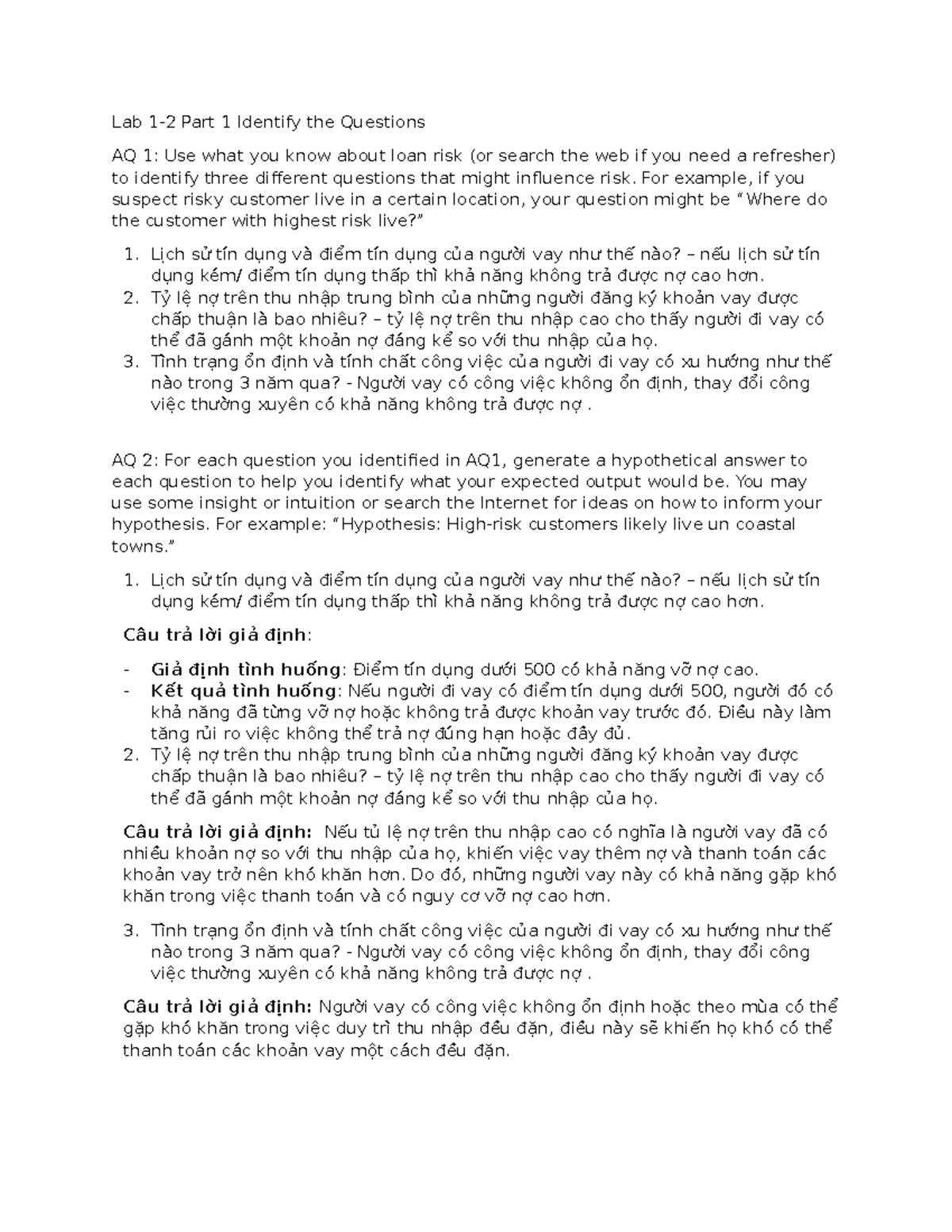 Lab 1 - Identifying Loan Risk Questions and Data Analysis AQ 1-2 - Studocu