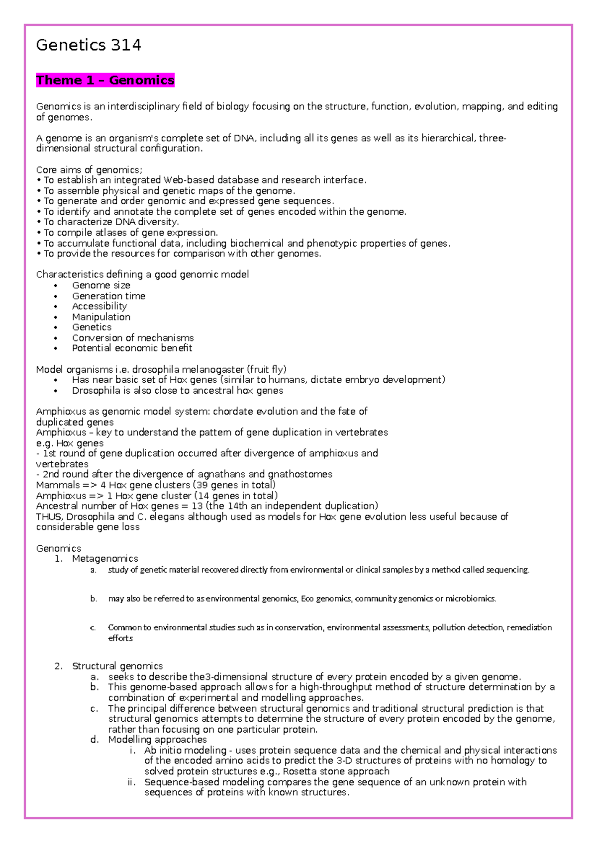 Genetics 314: Themes 1-3 on Genomics and Genome Analysis - Studocu