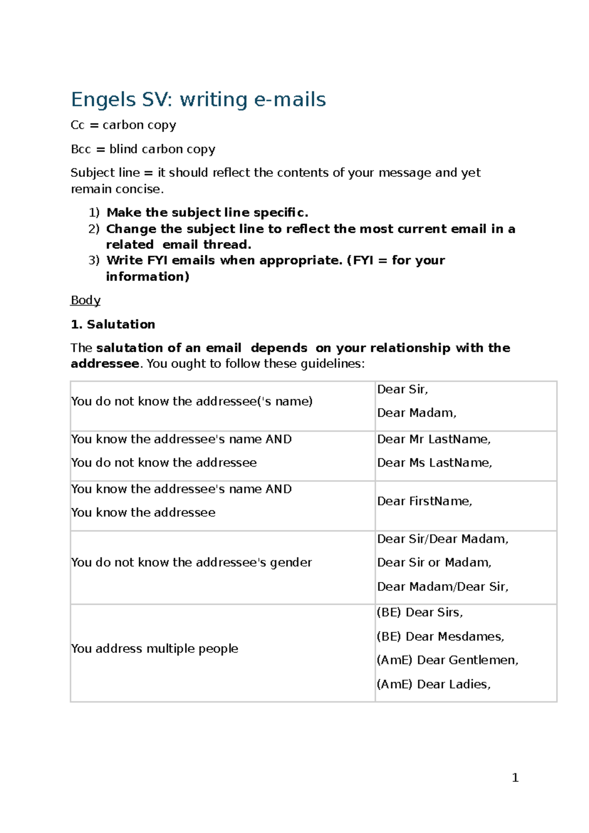 Engels SV: Guidelines for Professional Email Communication - Studocu