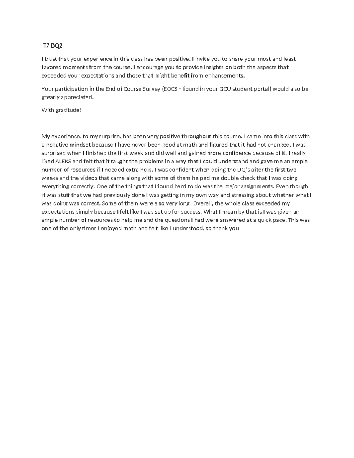 T7 DQ2 Reflection: Positive Insights on Math Course Experience - Studocu
