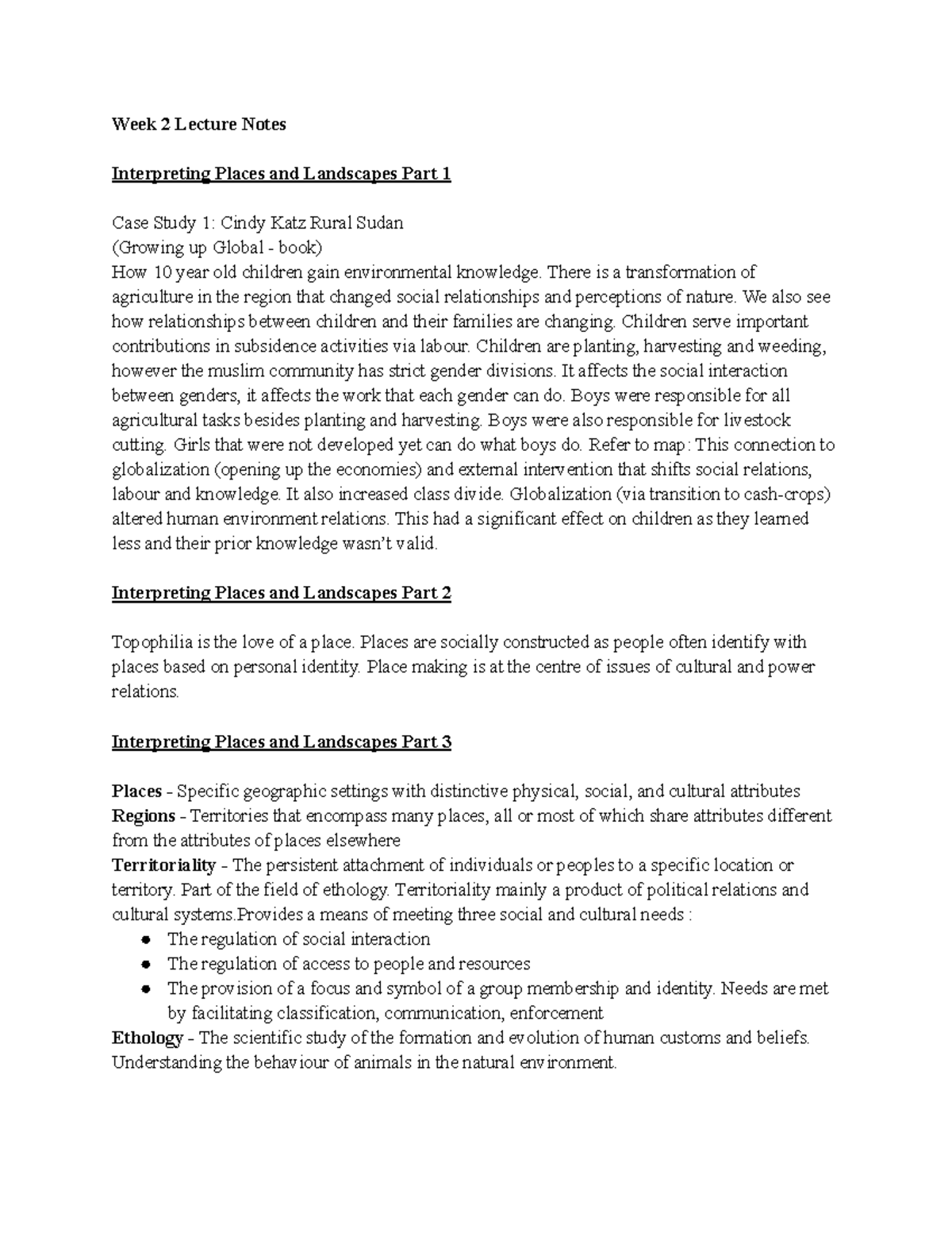 Chapter 6 Study Sheet - Week 2 Lecture Notes Interpreting Places and ...