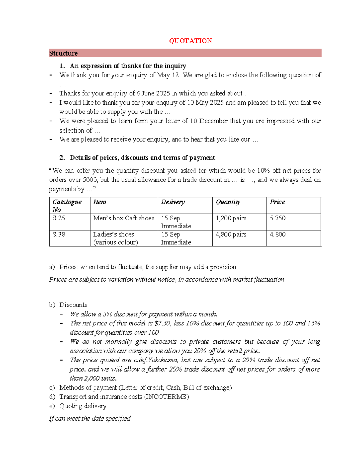 Quotation Guidelines and Sample Letters for Business Communication ...
