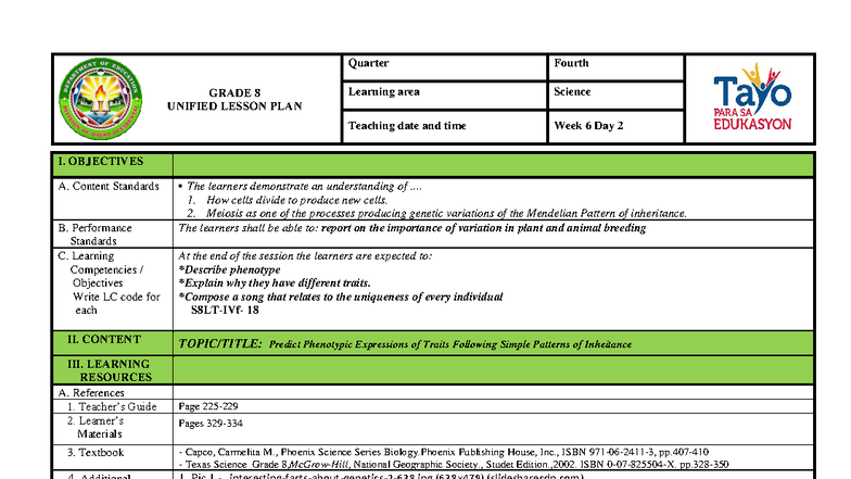 Grade 8 Science Unified Lesson Plan: Week 6, Day 2 on Inheritance - Studocu