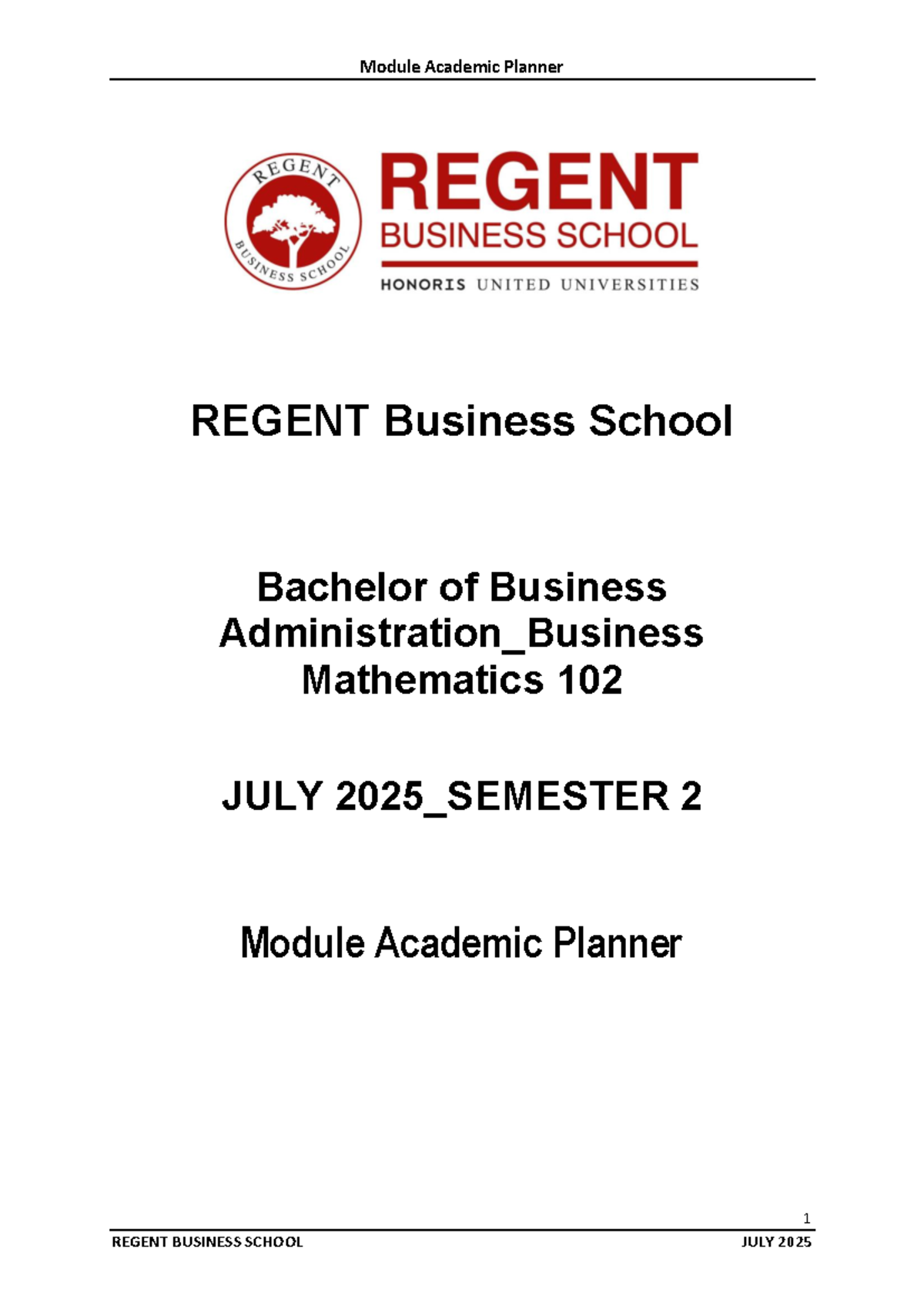 BBA Business Mathematics 102 Academic Planner - July 2025 - Studocu