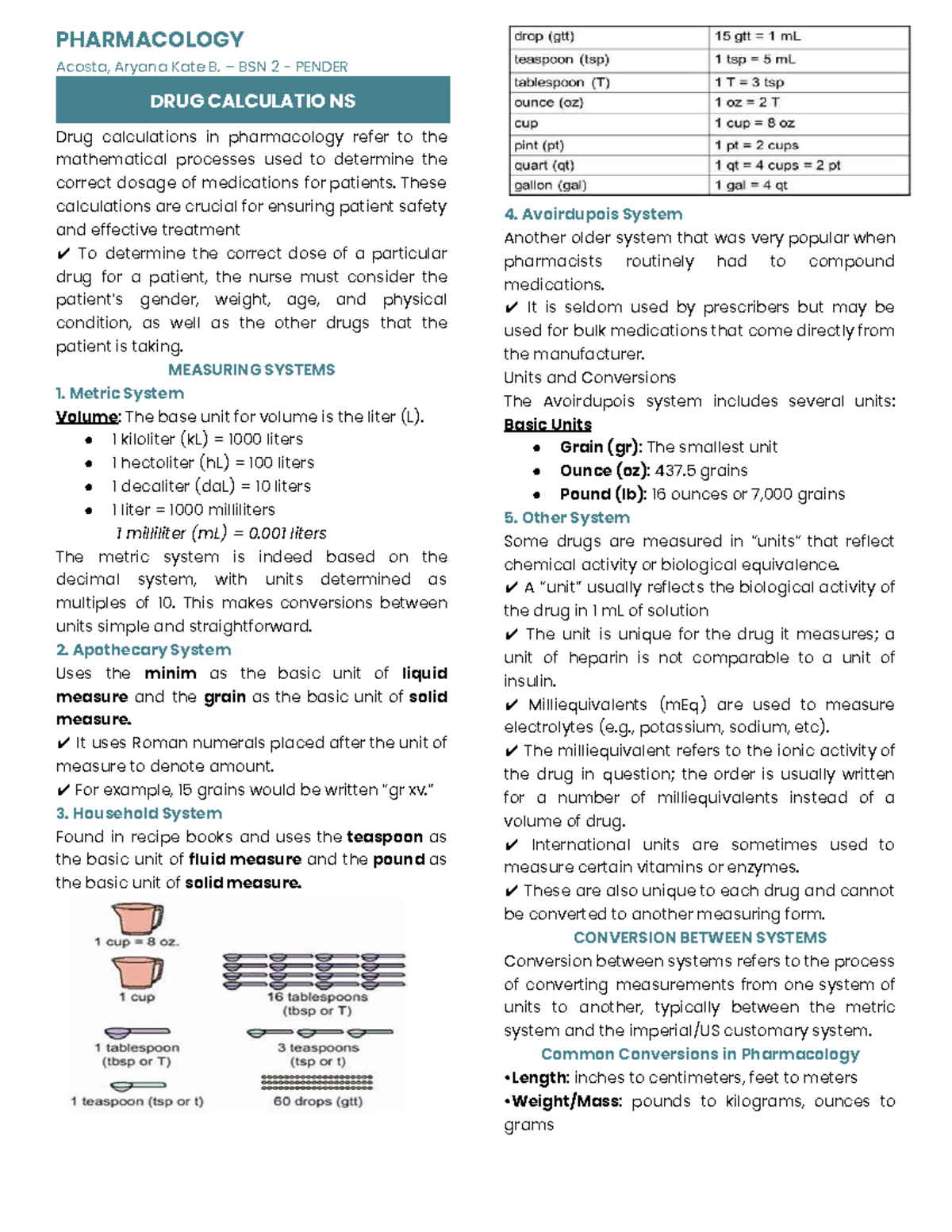 PHARMACOLOGY BSN 2 Midterm Study Notes on Drug Calculations - Studocu