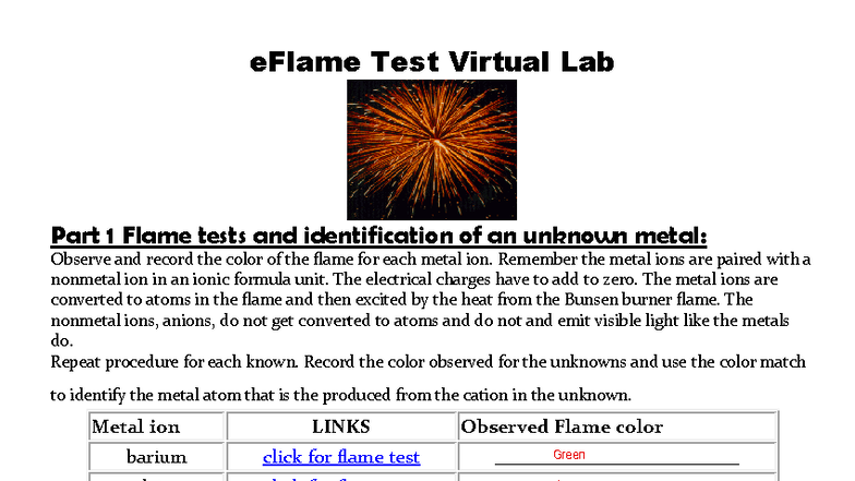 Flame Test Lab Activity: eFlame Test Virtual Lab Part 1 - Studocu