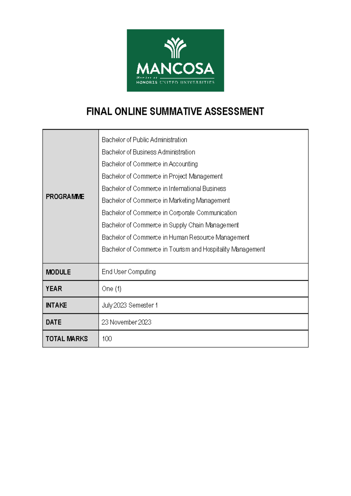 End User Computing Final OSA - July 2023 Semester 1 - Studocu