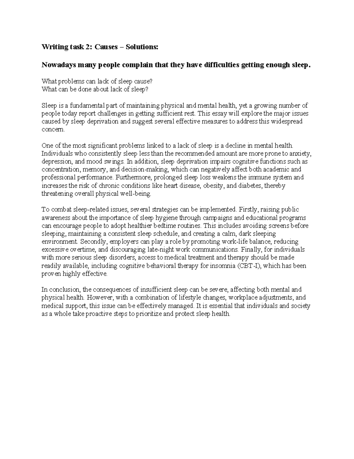 Writing Task 2: Exploring Causes and Solutions for Sleep Issues - Studocu