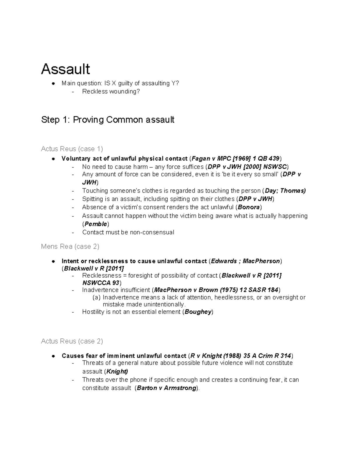 Assault Law Analysis: Key Elements & Case References - Studocu