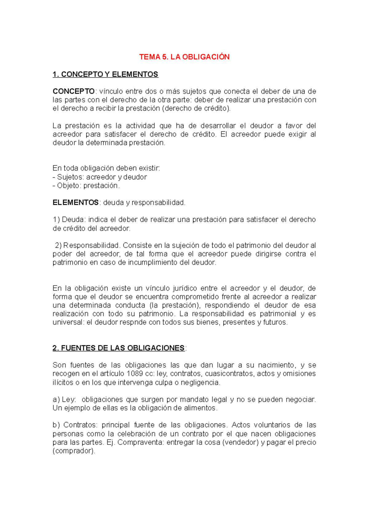 Tema 5: La Obligación - Conceptos y Elementos Esenciales - Studocu