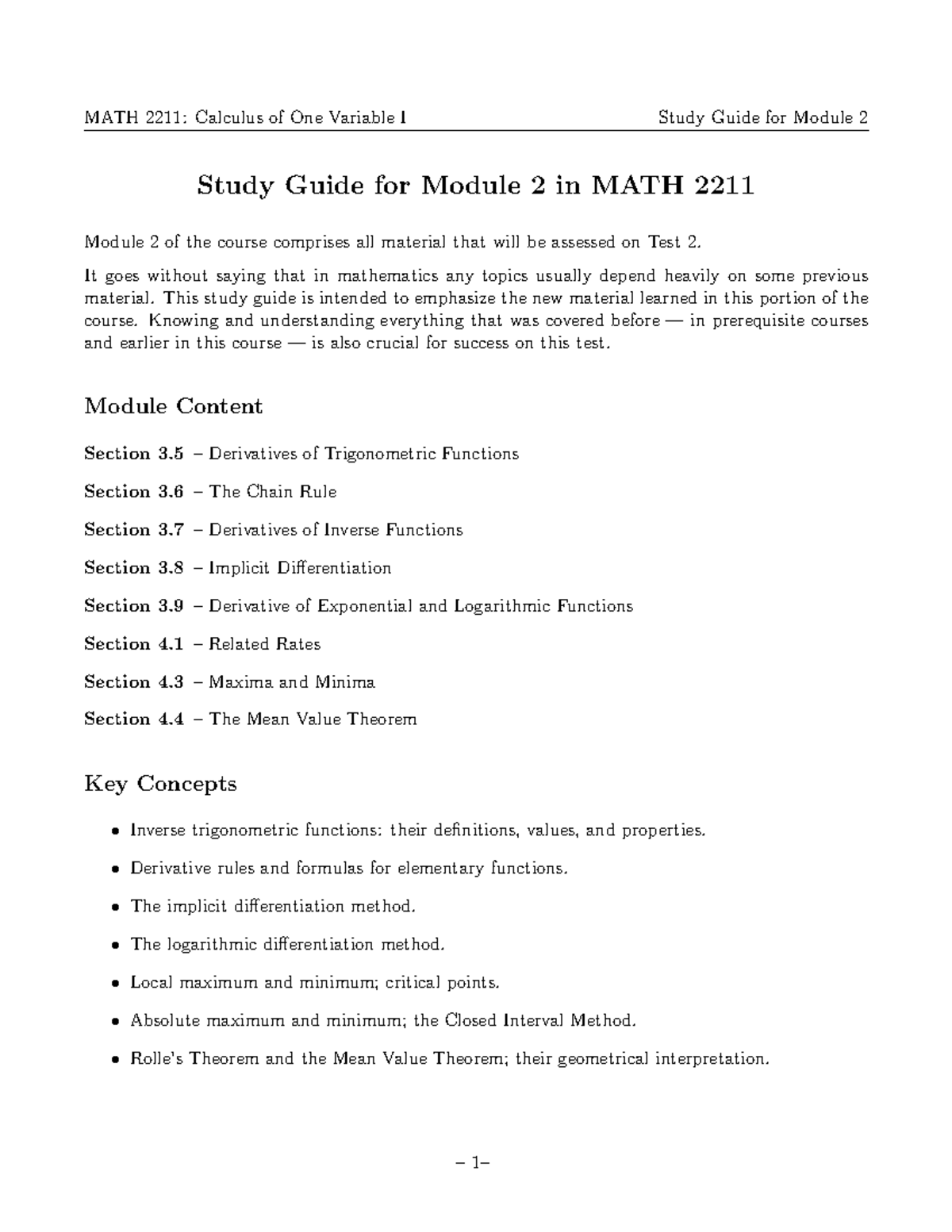MATH 2211: Calculus of One Variable I Study Guide for Module 2 - Studocu