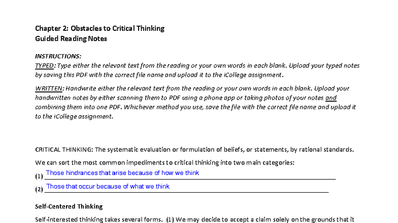 Chapter 2: Obstacles to Critical Thinking - Guided Reading Notes - Studocu