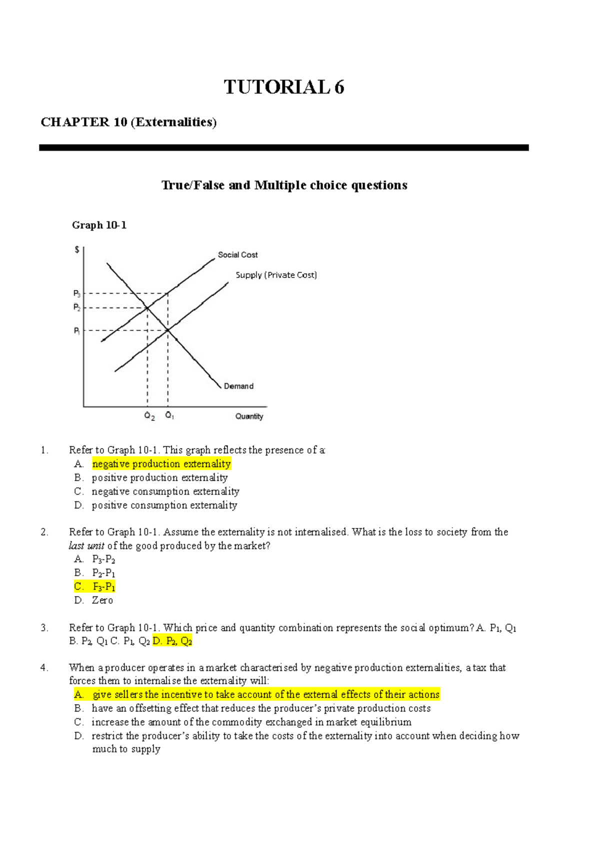 Tutorial 6: Chapter 10 - Externalities & MCQ Solutions - Studocu