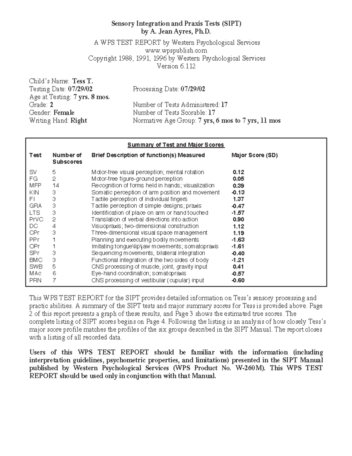 SIPT Test Report for Tess T. - Sensory Integration Analysis - Studocu