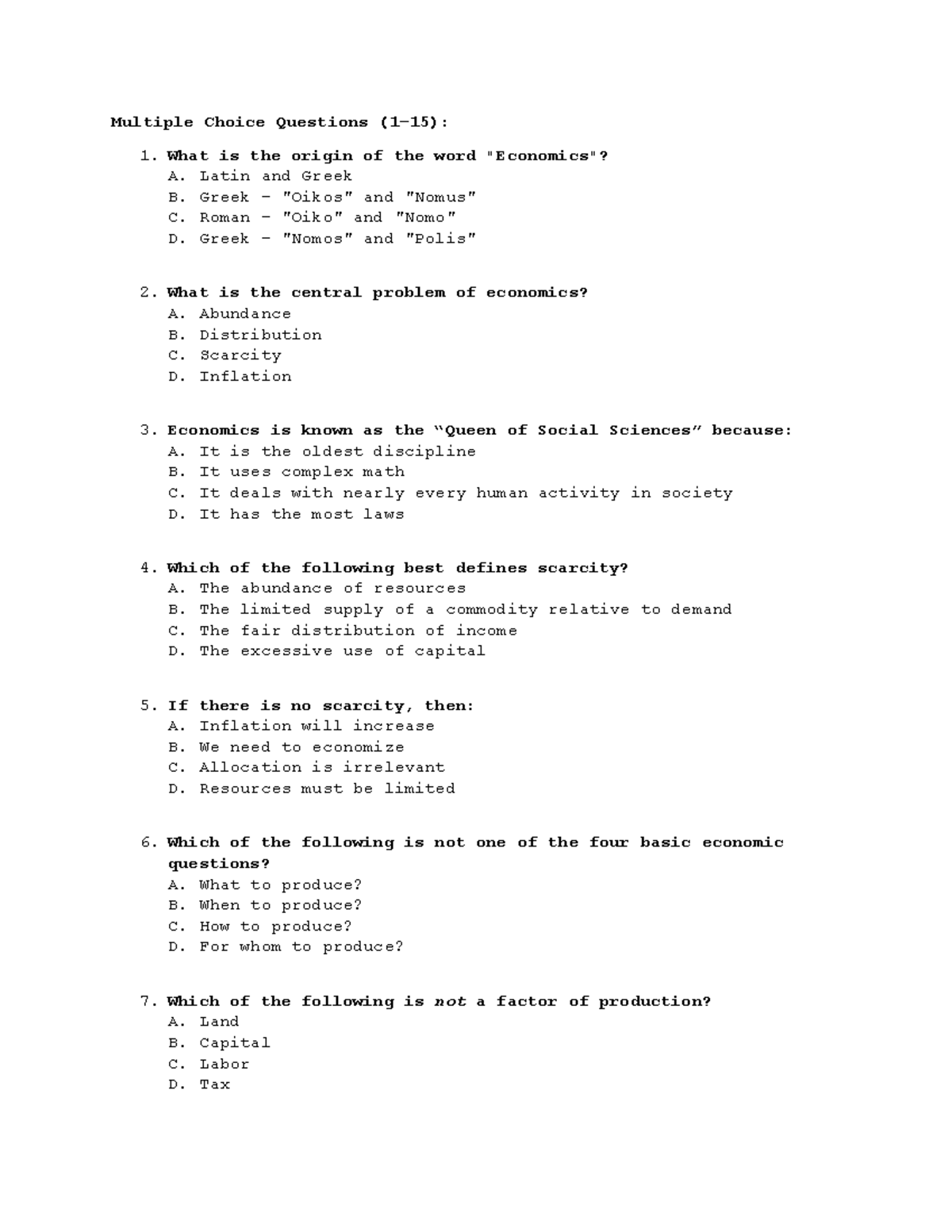 Multiple Choice Questions Quiz for Economics 101 - Studocu