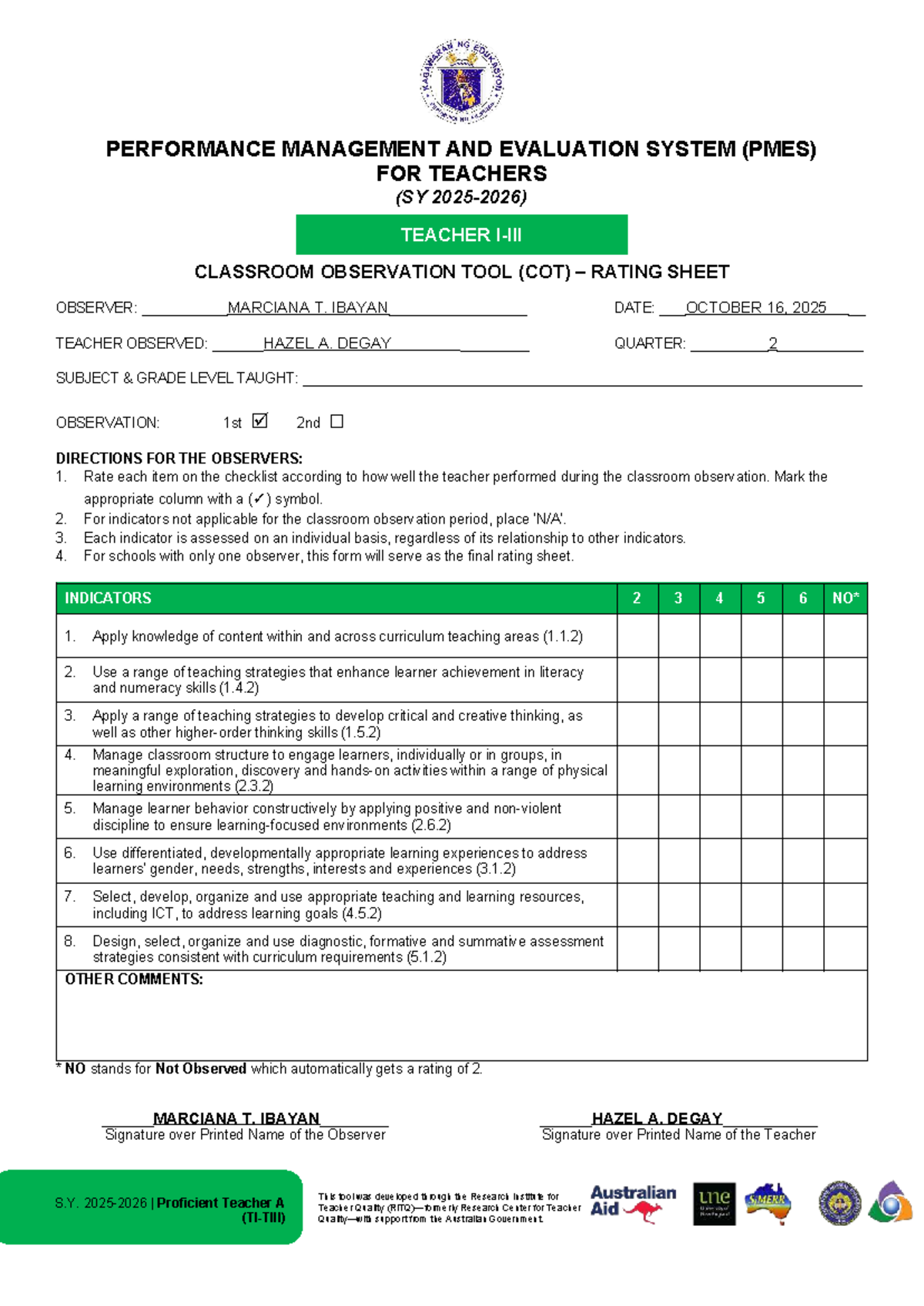 COT Rating Sheet for Beginning to Proficient Teachers (TI-TIII) - Studocu