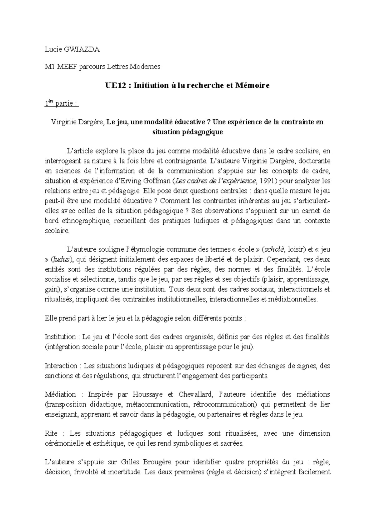 UE12 : Le Jeu comme Modalité Éducative en Classe de Français - Studocu
