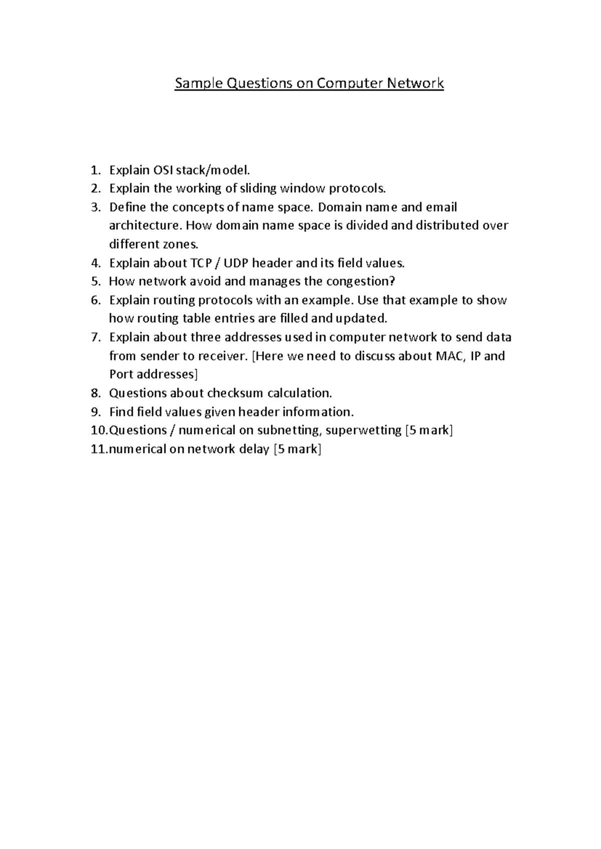 Sample Questions for Computer Networks ETE - Studocu