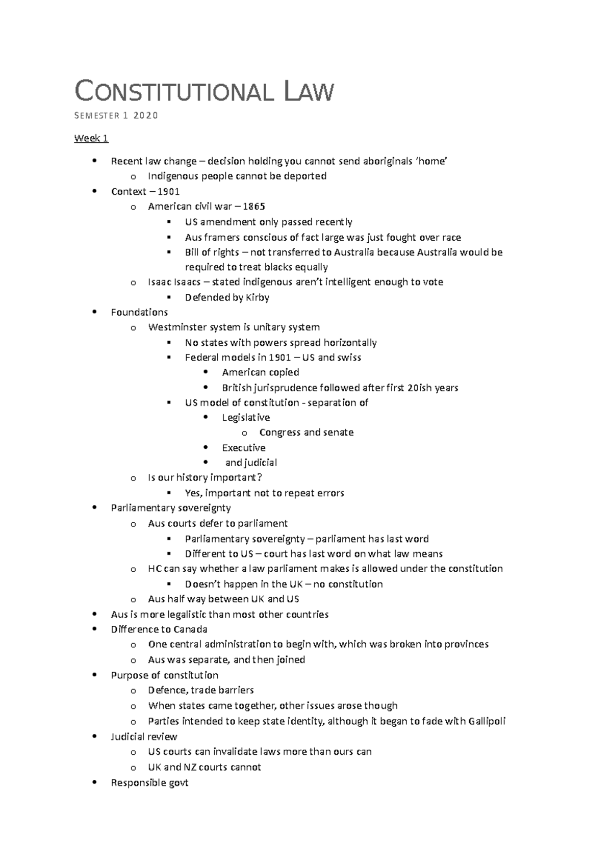 Constitutional Law - Notes - CONSTITUTIONAL LAW SEMESTER 1 2020 Week 1 ...