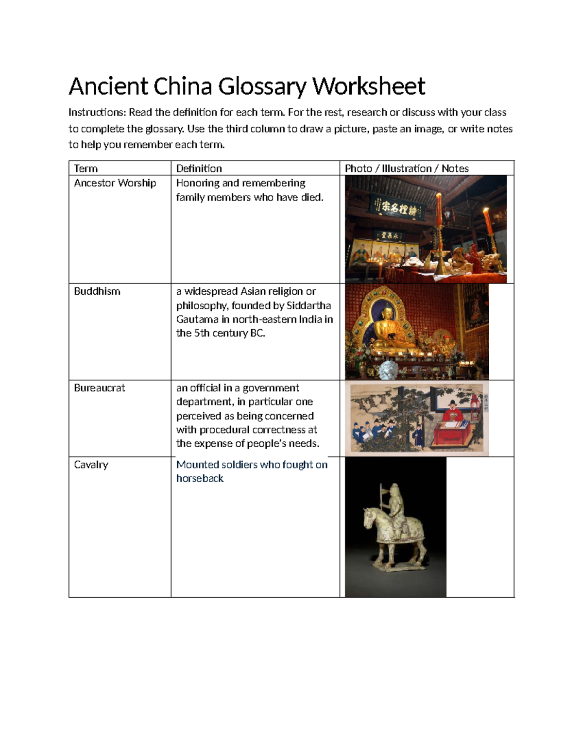 Ancient China Glossary Worksheet: Key Terms & Definitions - Studocu