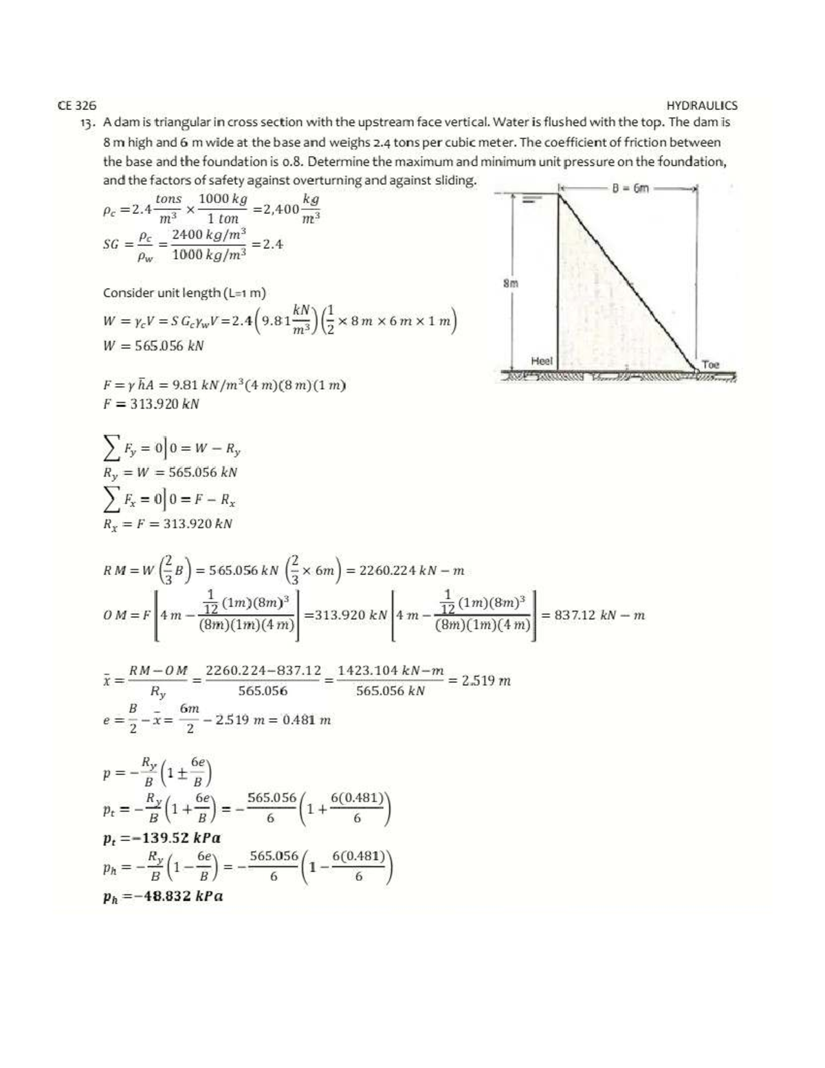 CE 326 HYDRAULICS: Analysis of Triangular Dam Stability - Studocu