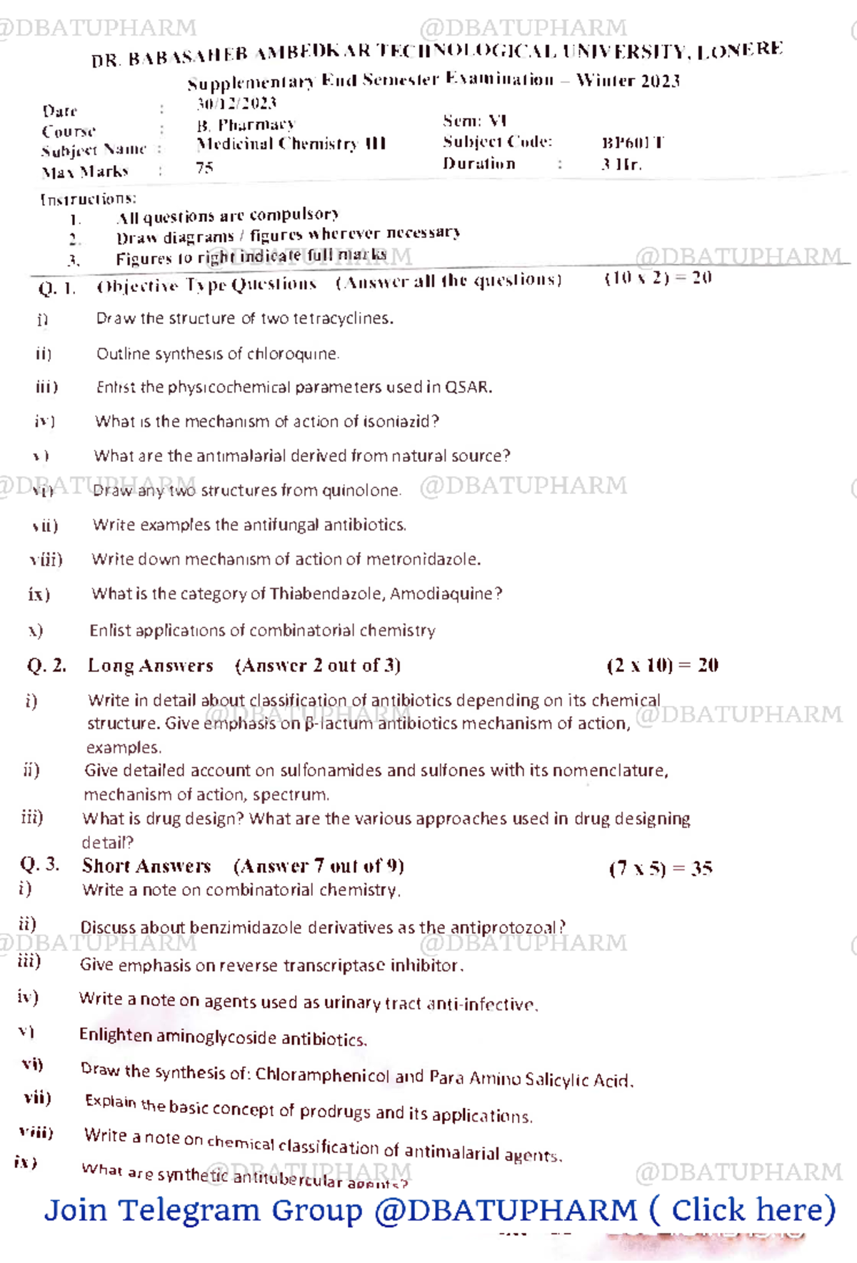 B. Pharmacy 6th Sem Winter 2023 Exam Question Papers - January 2024 ...