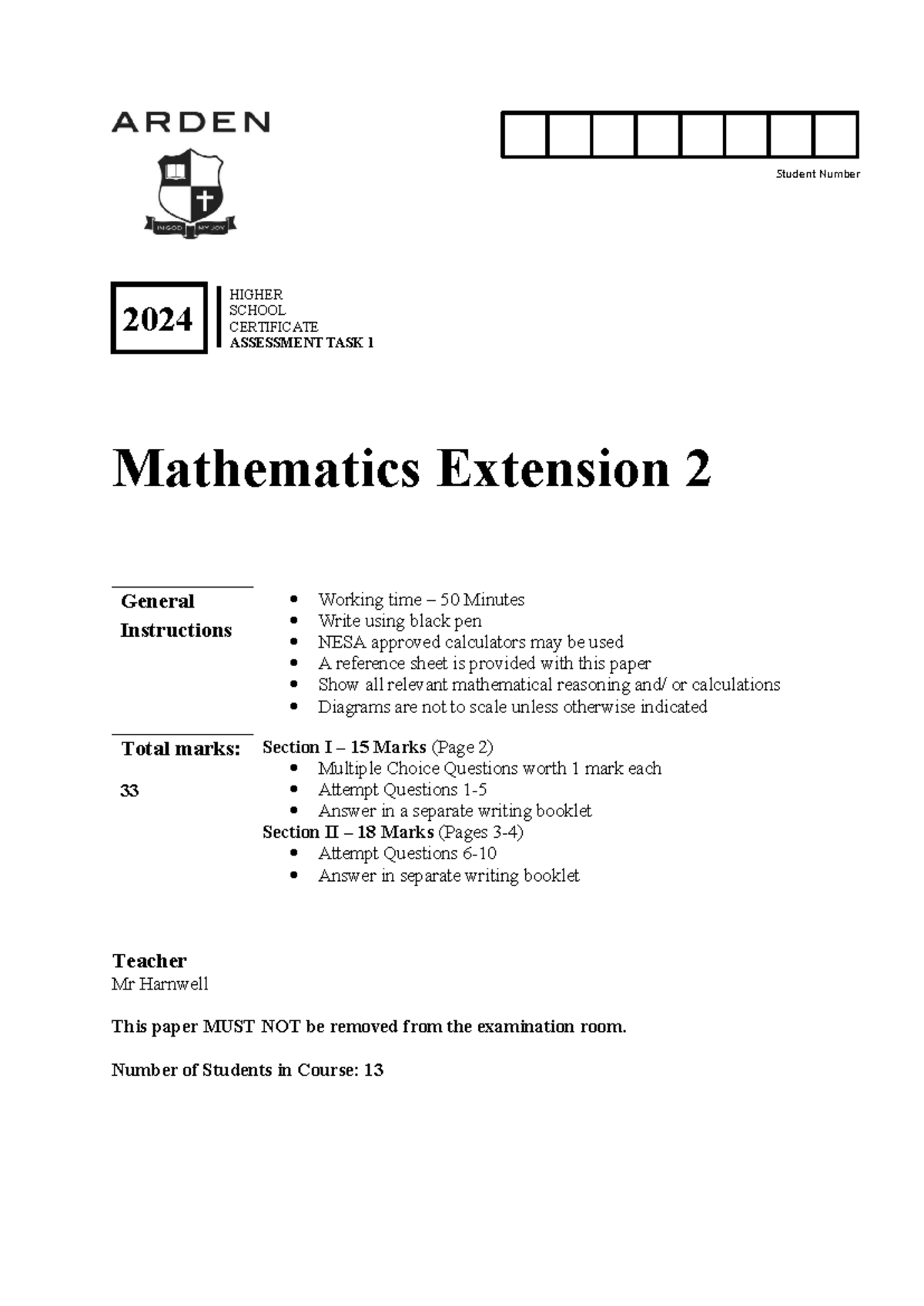 2024 Year 12 Extension 2 Task 1 - 2024 HIGHER SCHOOL CERTIFICATE ...