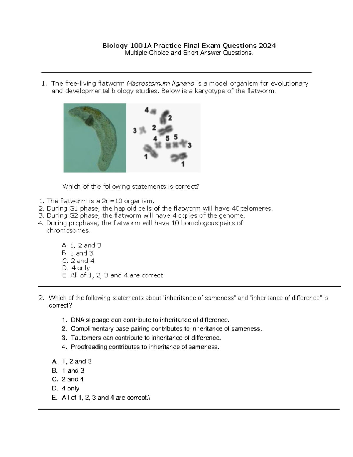 B1001A Biology 1001A Practice Final Exam Study Guide 2024 - Studocu