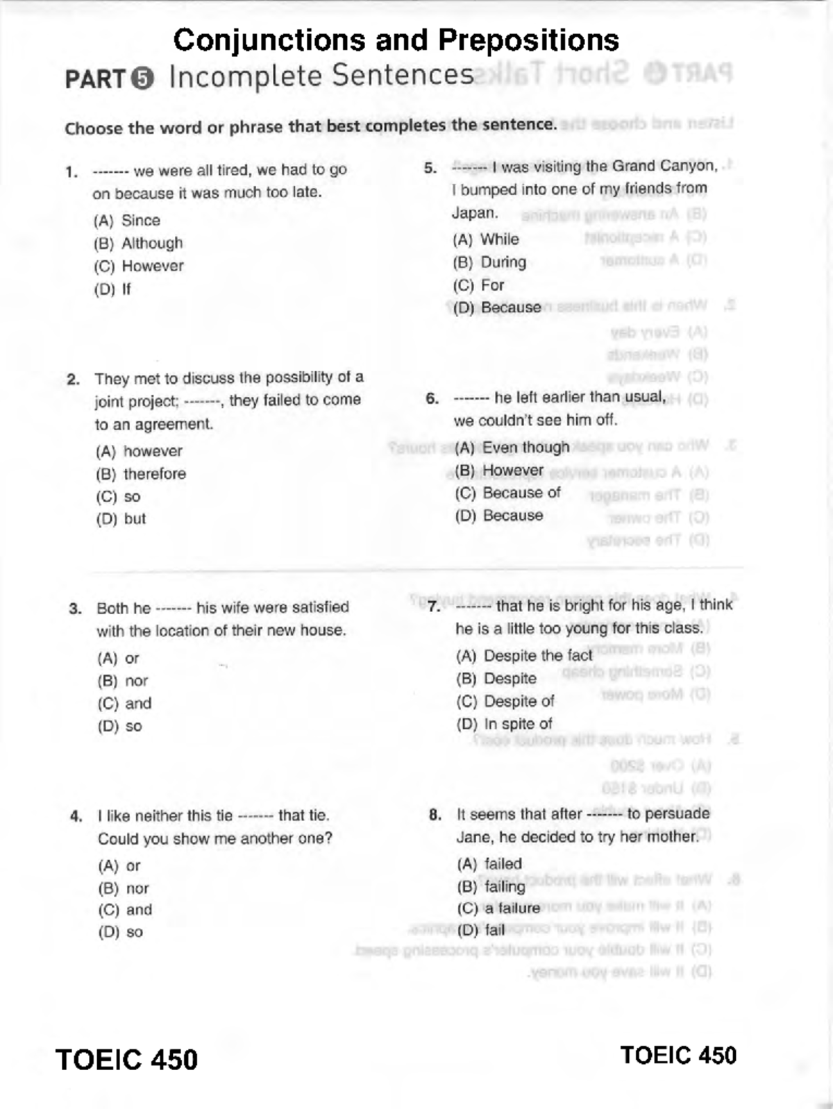 Conjunctions & Prepositions - ####### PART0 Incomplete Sentences Choose ...